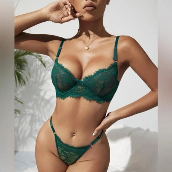 Sexy Floral Lace Lingerie Set Green M 🎁 with gift box - Picture 4 of 9
